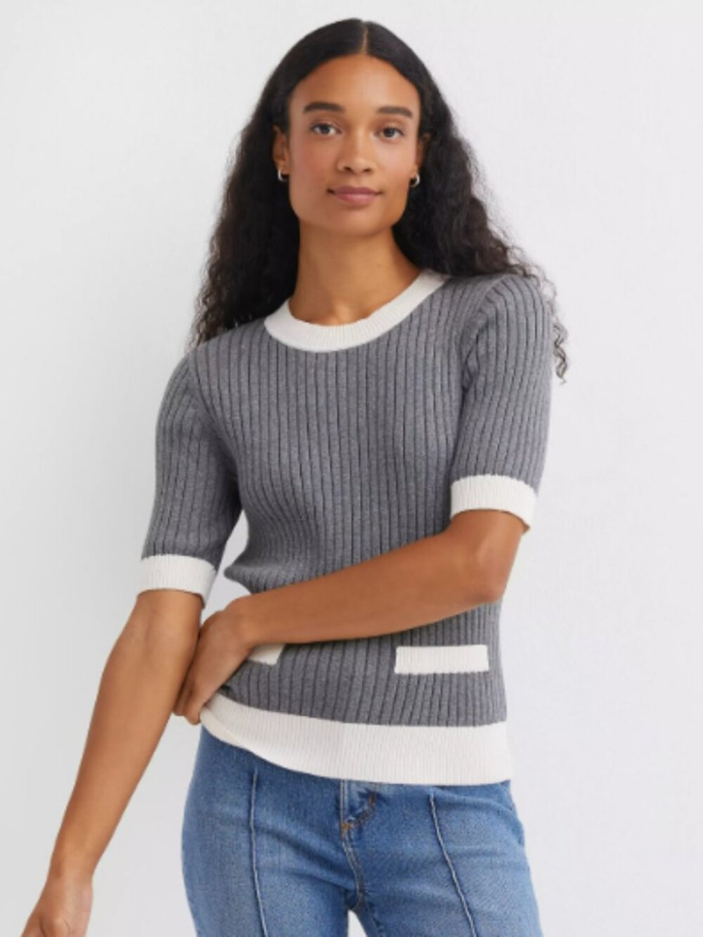 LOFT Grey & White Tipped Ribbed Pocket Sweater Tee | Size S
